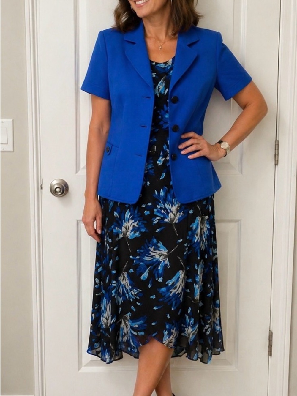 Studio I royal blue, short-sleeve blazer with a matching dress.